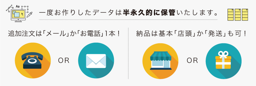 一度お作りしたデータは半永久的に保管いたします。追加注文は「メール」か「お電話」1本！　納品は基本「店頭」か「発送」も可！